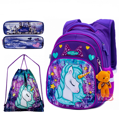 Шкільний рюкзак (ранець) з ортопедичною спинкою з мішком і фіолетовим пеналом для дівчинки Winner / SkyName для 1 класу (Full-R3-241-2))